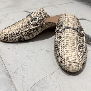 INC Women's beige snake almond slip mules.